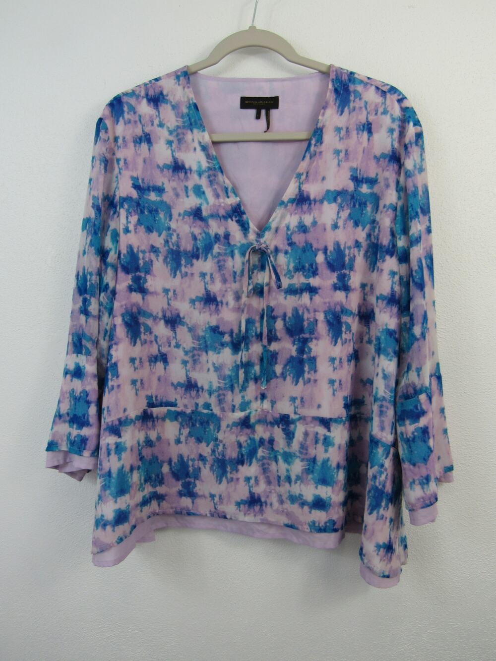 Donna Karan Tie-Dye Tiered Blouse 3/4 Sleeve Large Women's Blue Pink Purple